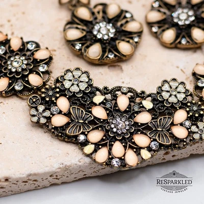 Cookie Lee Flower Necklace Bracelet Earring Set Rhinestone Bib Pink Clear Enamel - Image 1 of 4