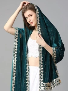 Teal Green & Gold Ethnic Dupatta Embroidered Gotta Patti Heavy Work Velvet Scarf - Picture 1 of 5