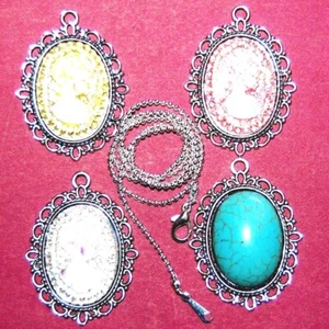 SILVER CAMEO IRIDESCENT or TURQUOISE CABOCHON PENDANT NECKLACE CHAIN U PICK #K5 - Picture 1 of 16