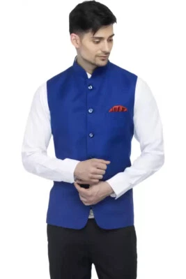 Mens mandarin neck Blue Wedding Casual Waistcoat Vest (Customizaion Available) - Image 1 of 4