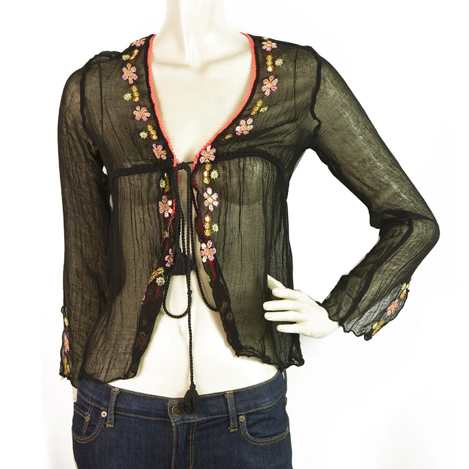 Cárdigan Bolero Cardi Just Cavalli Beachwear Negro Transparente Floral Lentejuelas Talla 42 Foto 1 de 4