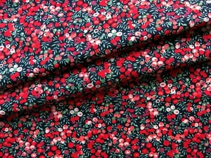 Red Wild Berry Summer Floral Print Light 100% Cotton Fabric in Dark Navy, 1M - Picture 1 of 14
