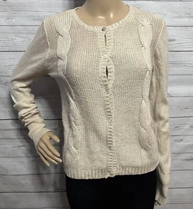Mystree Angora Blend Cardigan Sweater XS Beige Cable Knit Red Polka Dot Back - Picture 1 of 13