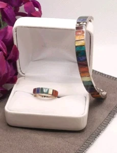 Vintage 950 Silver Multi Stone Inlay Bar Link Bracelet And Ring 6.5 Set - Picture 1 of 8