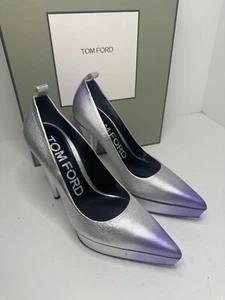 $1890 TOM FORD Women's Silver Laminated Leather Platform Pump Heel Shoes 37.5 - Picture 1 of 10