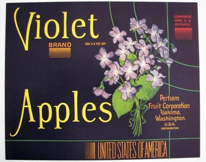 Etiqueta original de caja de manzana violeta Yakima, Washington Perham flores art deco - Imagen 1 de 1