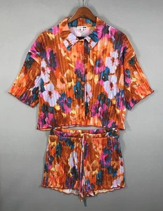 Moda Nova Conjunto Para Mujer Grande Naranja Floral Pantalones Cortos Camisa Abotonada Plisada - Imagen 1 de 17