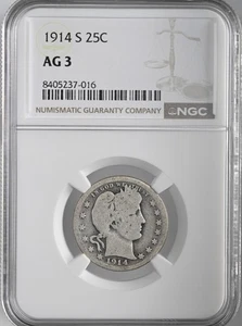 1914-S  25C BARBER SILVER QUARTER  SAN FRANCISCO MINT  NGC AG3 #8405237-016 - Picture 1 of 4