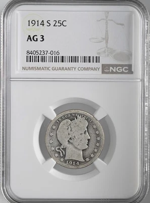 1914-S  25C BARBER SILVER QUARTER  SAN FRANCISCO MINT  NGC AG3 #8405237-016 - Image 1 of 4