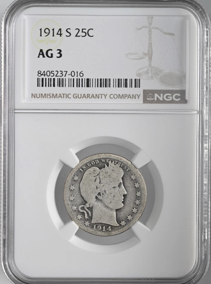 1914-S  25C BARBER SILVER QUARTER  SAN FRANCISCO MINT  NGC AG3 #8405237-016 - Image 1 of 4
