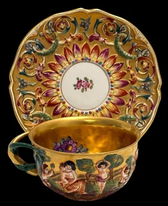 Antique/Vintage Ginori Capodimonte Heavy Gold Hand Painted Figures Cup & Saucer - Picture 1 of 23