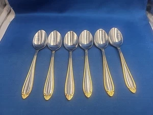 Lot of 6 Hampton Silversmiths ABIGAIL-GOLD ACCENT Stainless Teaspoons 6 3/8" - Picture 1 of 5