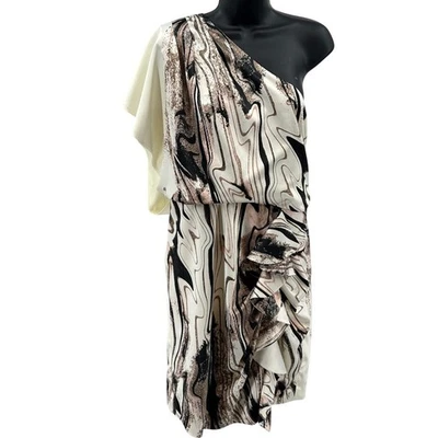 Jessica Simpson Mini Dress Sz 14 Cream Pink Abstract One Shoulder Ruffled  - Image 1 of 4