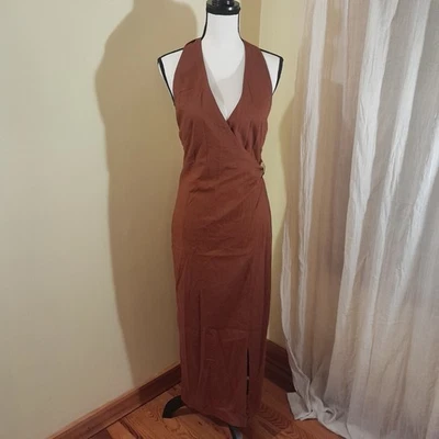 Zara Faux Wrap Halter Linen Midi Dress Rust Med NWT - Image 1 of 4