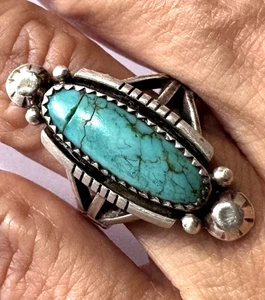 Vintage Old Navajo Signed RB Turquoise Sterling Silver Band Tribal Ring Size 7 - Picture 1 of 21