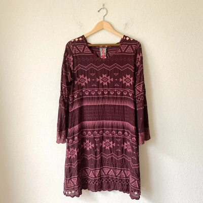 Mini Vestido JOHNNY WAS Avery Para Mujer S Púrpura Merlot Bordado Ojales Azteca Boho Foto 1 de 4