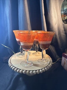 4 Pier 1 Orange Brown Cream Swirled Handblown Glass Wine Water Goblet Parfait - Picture 1 of 9