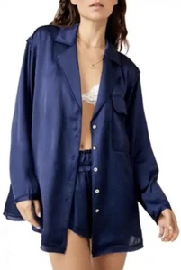 Pigiama Free People Like Honey manica lunga raso pigiama camicia blu navy sfilacciato M - Foto 1 di 21