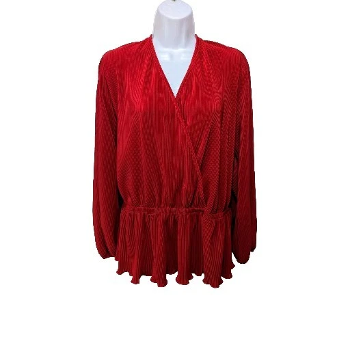 Blusa envolvente plisada On 34th para mujer 2X roja cuello en V manga larga elegante #1010 Foto 1 de 4