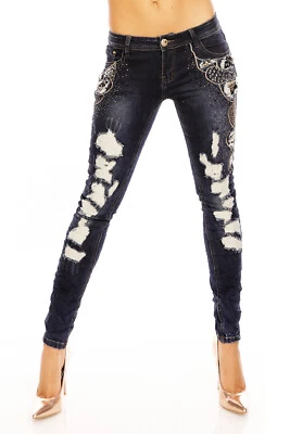 Damen Hose Jeans Denim Look Slim Skinny Pailletten Röhrenjeans Dunkelblau E1565  - Bild 1 von 4