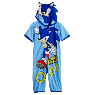 Boys Sonic the Hedgehog One Piece Pajamas Hoodie Union Suit Costume 4 6 8 10 NEW - Image 1 of 3