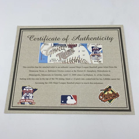 Cal Ripken Jr 3000 Hit Twins v Orioles Ticket April 15, 2000- Seat 12 Row 27 Cover