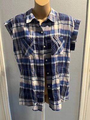 Tommy Hilfiger Blouse, Short Sleeve, Plaid, Blue, Size Medium - Image 1 of 4