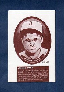 #SH-107 JIMMY FOXX, Athletics | 1975 Sport Hobbyist 3-1/2"X 5" card AD BACK A