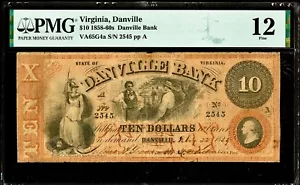Obsolete Banknote Currency 2/22/1859 Virginia Bank of Danville $10 Note PMG F12 - Picture 1 of 2