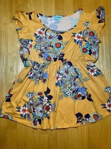 P.S. donna Top Kate arancione blu swing impero vita floreale con volant piccolo - Foto 1 di 2
