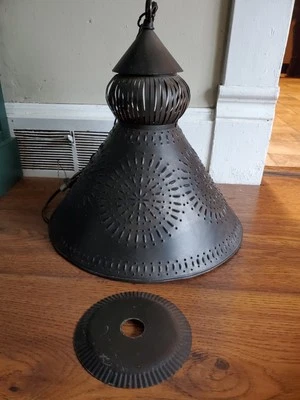 Primitive Country Farmhouse Rustic Punched Tin Chandelier Hardwired - Image 1 of 4