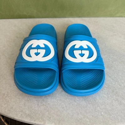 GUCCI 780296 Blue Rubber Men's GG Sandals, sz Gucci 7, 6 - Image 1 of 4