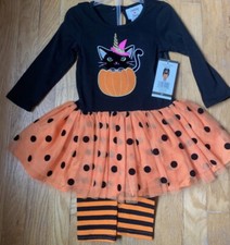 +NWT Halloween Black Kitty Cat Inside Pumpkin 2-Piece Dress Pants Girls 18 mo-5T