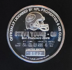 NFL San Fran 49ers Steve Young QB Football-999 argent 1 once art pièce ronde - Photo 1/2