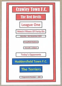 CRAWLEY TOWN v HUDDERSFIELD TOWN 09.11.24 LEAGUE ONE PROGRAMME - Picture 1 of 3