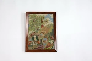 Vintage Framed Completed Needlepoint Tapestry Country Cottage 14” X 10” - Picture 1 of 9
