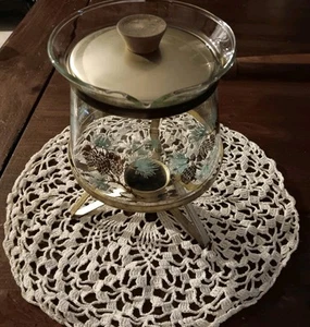 Vtg MCM Douglas Flameproof Coffee Tea Carafe Candle Warmer Stand Gold Aqua Pine - Picture 1 of 9