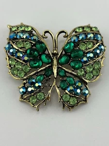 Broche Mariposa Vintage Firmado Blanco Tono Dorado Verde/Azul UV Reactivo - Imagen 1 de 5