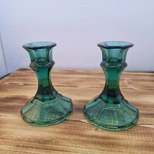 Vintage Set of 2 Indiana Glass Green Glass 4" Candle Stick Holder - Picture 1 of 8