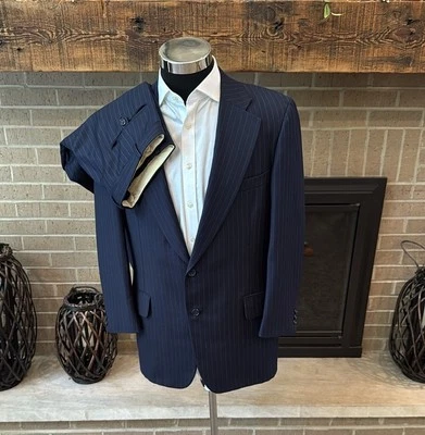 VINTAGE Paul Stuart mens 42R blue pinstripe 100% wool 2-button suit w/ trousers - Image 1 of 4