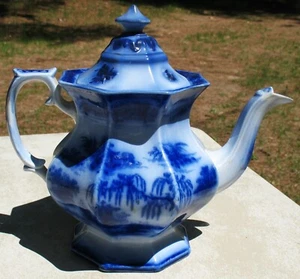 Antique Unmarked Staffordshire Flow Blue Teapot Octagonal - Picture 1 of 15