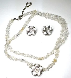 Gold Plated Flowers Clear Smoky Amethyst Set Of Earrings & Necklace - Picture 1 of 15