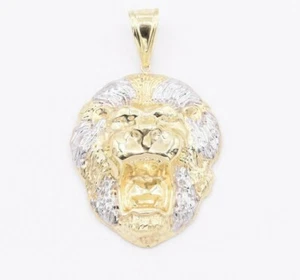 3" Roaring Lion Head Two-Tone Diamond Cut Pendant Real 10K Yellow White Gold - Picture 1 of 6