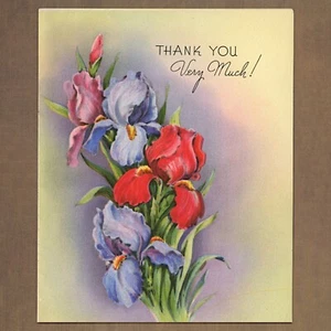 Unused Vintage The Wishing Well THANK YOU VERY MUCH Card, Iris Flower Purple Red - Picture 1 of 6