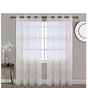 Transparente Vorhänge 96 Zoll L x 52 Zoll B (102 Zoll B Gesamt) Blatt bestickt beige Ösen oben 2 Stück - Bild 1 von 7