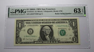 $1 1988 Radar Serial Number Federal Reserve Currency Bank Note Bill PMG UNC63EPQ - Image 1 of 3