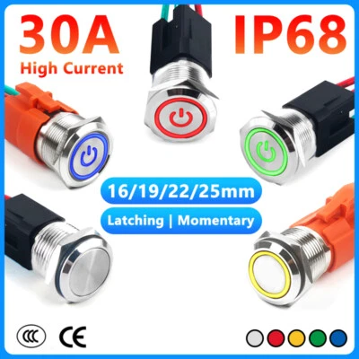 16/19/22/25mm LED Push Button Switch Momentary Latching On/Off Waterproof Metal - Image 1 of 4