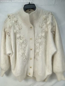 Vintage Belldini Embroidered Beaded Cream Angora Blend Cardigan Sweater Sz M - Picture 1 of 6