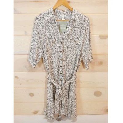 H & M Women's size M Shirt Dress Leaf Print Tie Belt NWT Button-up Cream - Image 1 of 4