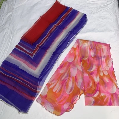 Lote de 2 cachecóis vintage de chiffon transparente cabeça pescoço MCM rosa/laranja vermelho/azul oblongo - Imagem 1 de 4